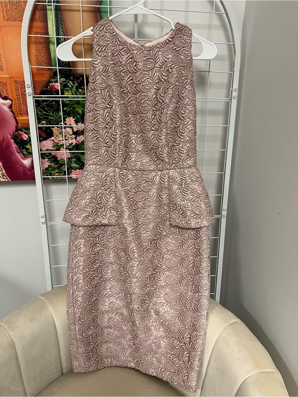 Carmen Marc Valvo Dusty Rose Lace Peplum Sheath Dress